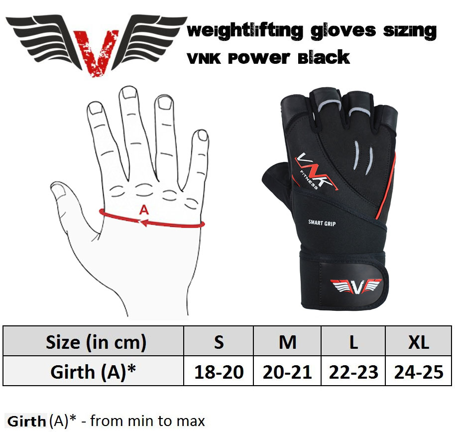 VNK Power Black Gym Gloves size chart